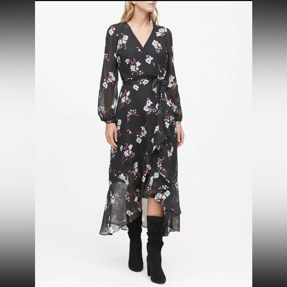 Banana Republic High Low Black Floral Faux Wrap Maxi Dress - Size 0 - NEW!